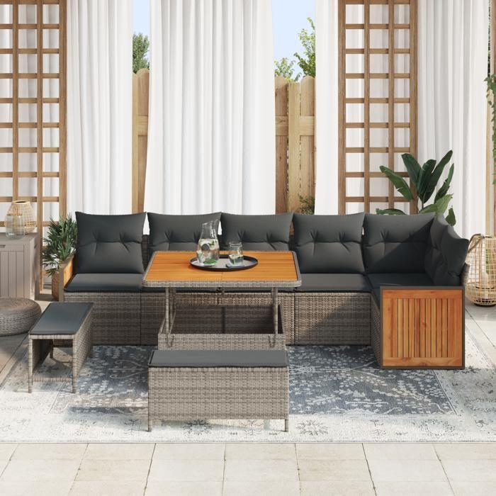Set de canapé de jardin 9 pièces avec coussins en rotin poly gris, Canapé de jardin 2 places avec coussins en rotin poly 3363318