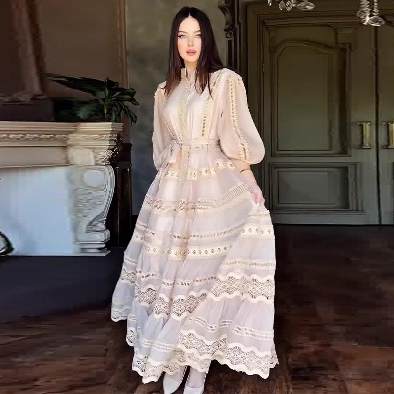 2024 Elegant Solid Color Lace Splicing Swing Maxi Dress