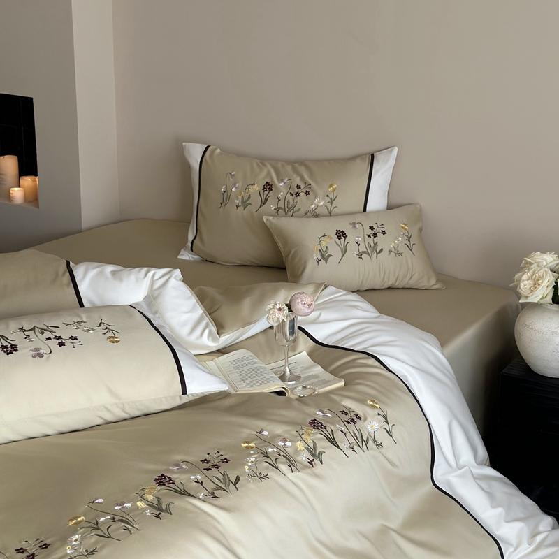 3/4Pcs Premium Egyptian Cotton Flowers Embroidery Bedding Set Single Queen King Duvet Cover Bed Sheet/Fitted Sheet Pillowcases