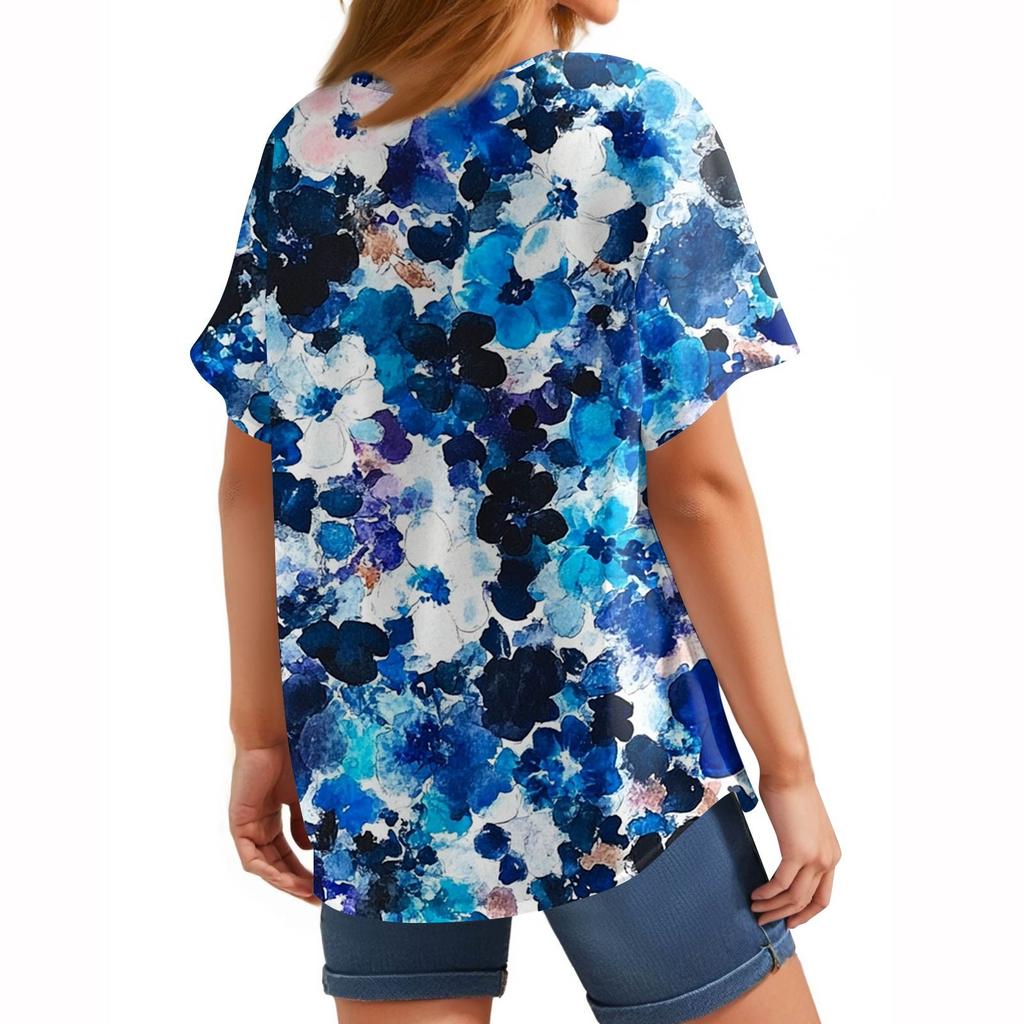 Women's Fashion Casual Short Sleeve Print Round Neck Pullover Top Blouse