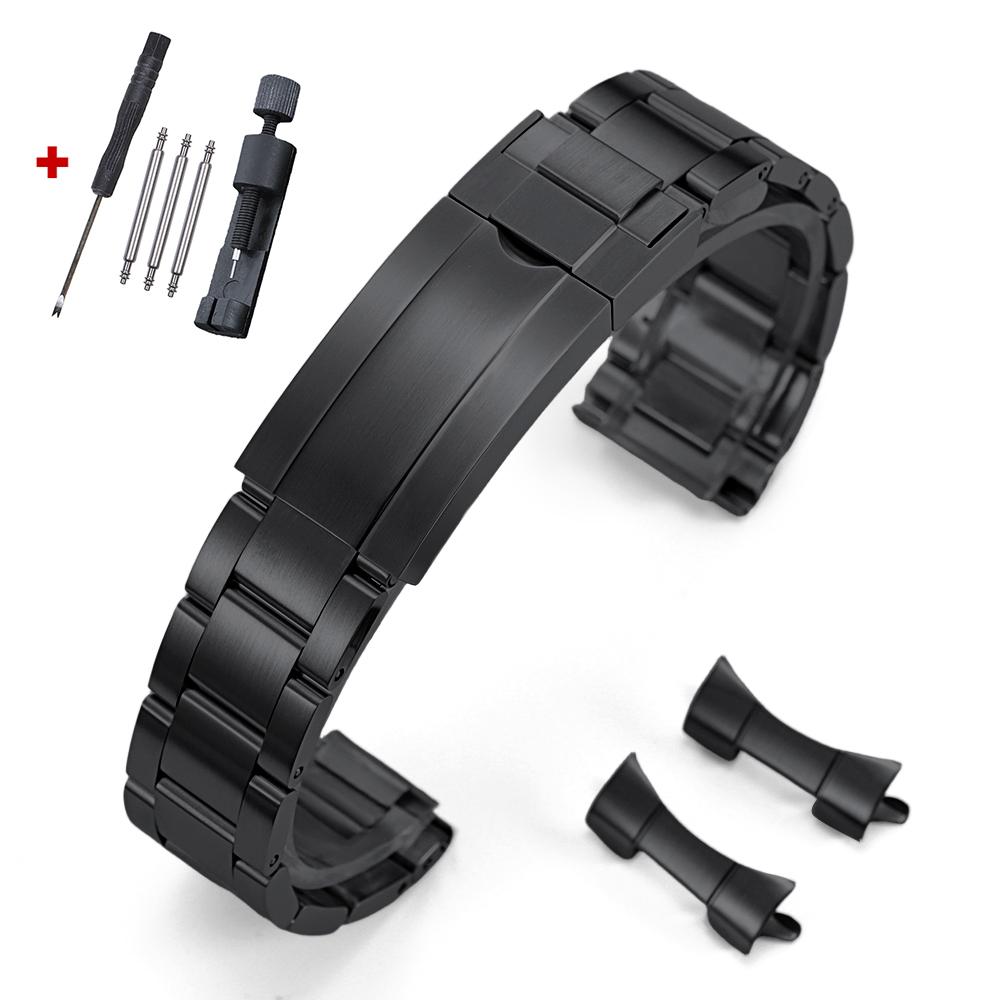 Luxury Solid Stainless Steel Watch Band 20mm Curved Flat Strap Silver Gold Black Bracelets Folding Buckle Wristband for Rolex
