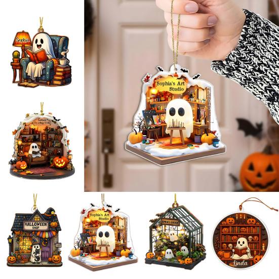 Cute Ghost Reading Book Ornament 2D Acrylic Ghost Pumpkin Window Hanging Decoration for Halloween Home Party Decor