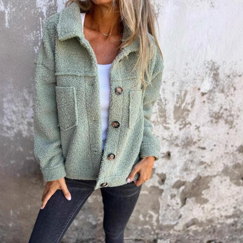 Pink Fashion Autumn and Winter Lapel Single-breasted Women's Lamb Wool Jacket, Simple and Versatile Women's Long-sleeved Top