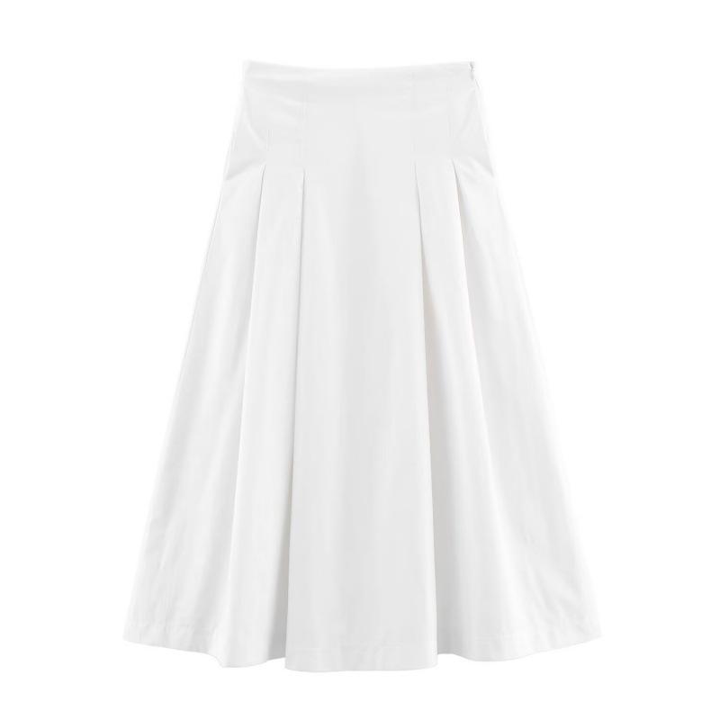 

Autumn Women s Versatile Solid Color Mid-Waist Pleated A-Line Midi Skirt Small білий