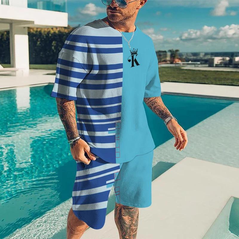 Summer Men's 3D Printed Striped Sports Suit Fashion Versatile Trend Casual Breathable