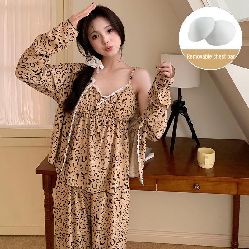 Women's Cross-Border Pajama Set: Spring/Autumn Polka Dot Cardigan & Suspender with Chest Pads, Korean Style, Pure Desire, 3-Piece Home Wear.