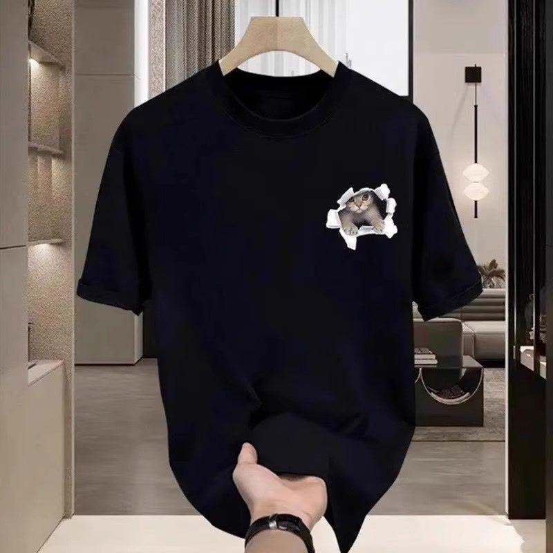 Unisex American Style Loose Fit Cat Print Summer T-Shirts