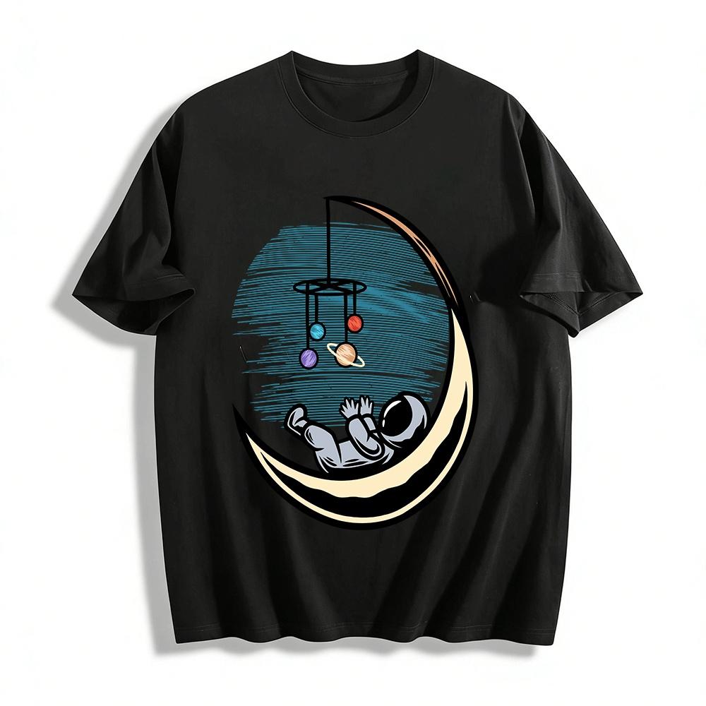 Astronaut On Crescent Moon With Planet Mobile Graphic Casual Tee Pure cotton T-shirt XXS