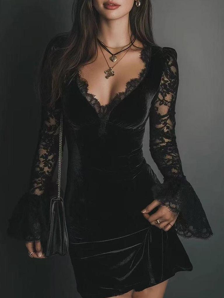 Elegant Mesh Lace Deep V Long Sleeve Dress for Women