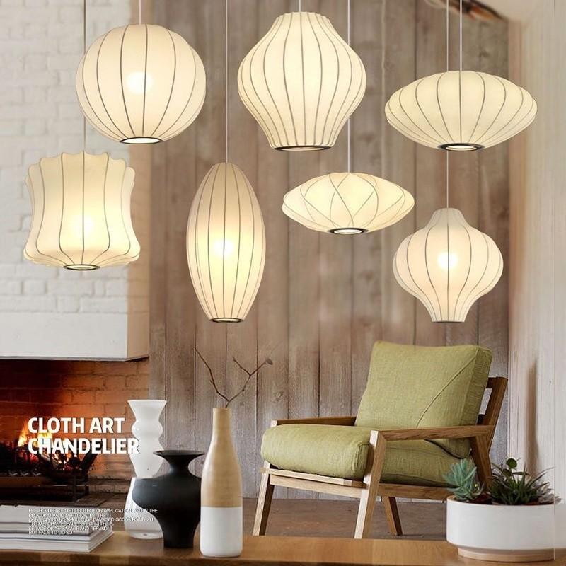 Modern Simple Led Lantern Pendant Light Restaurant Japanese Style Hanging Lights Teahouse Dining Room Fabric Droplights