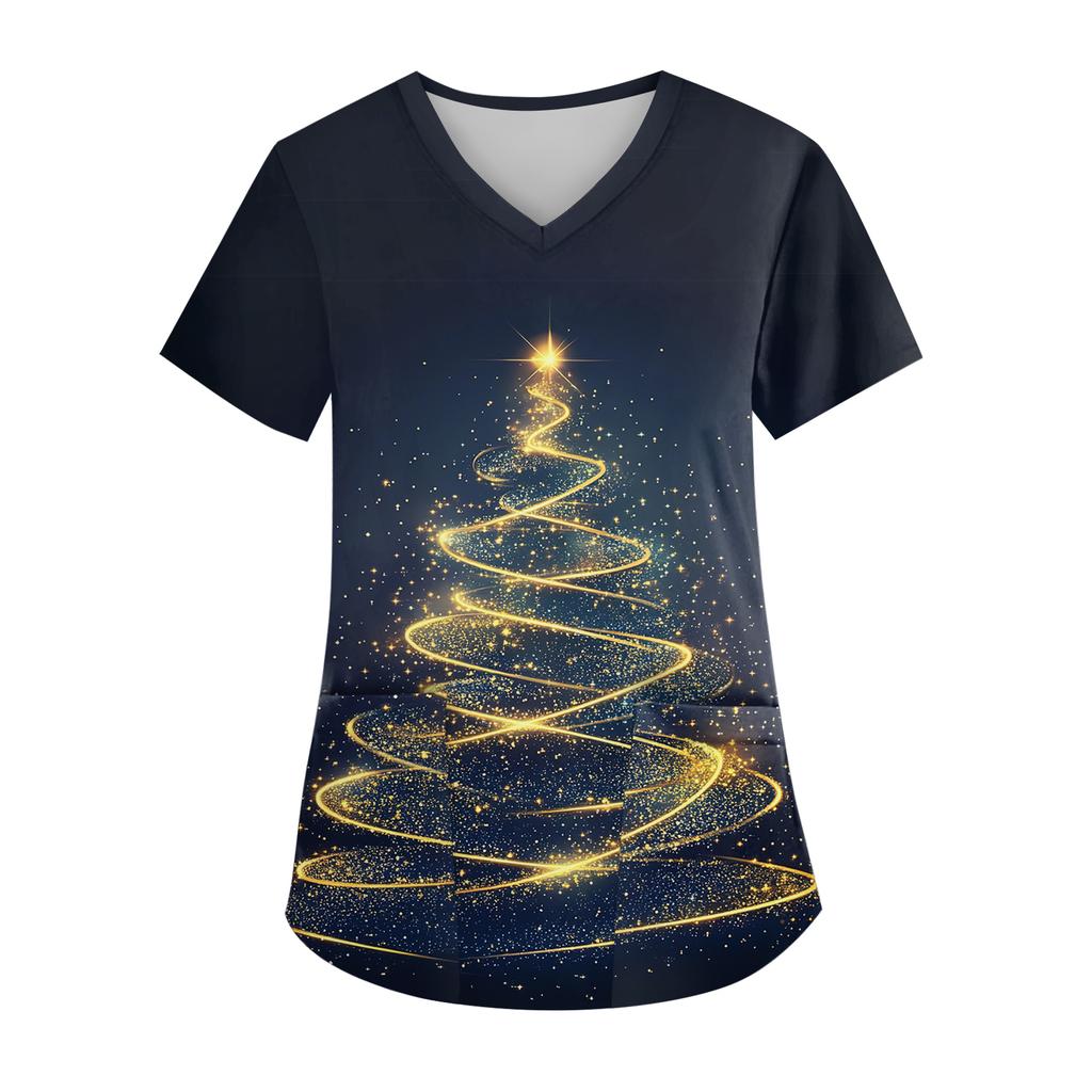 Women's V-neck Christmas Print Short-sleeved Pocket Side Slit Uniform Top