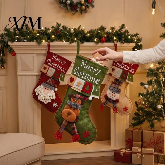 Festive Holiday Gift Holders 18 Inch Large Christmas Stockings, 3D Santa/Snowman/Reindeer Xmas Hanging Socks, Non-woven Decorative Stocking