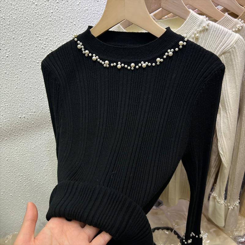 Podzimní Nový Svetr Pletený s Korálky Dlouhý Rukáv Dámský Zimní Slim Fit Základní Pulovr Svetry pro Ženy Módní Elegantní Jednobarevné Teplé Svetry Topy 24868