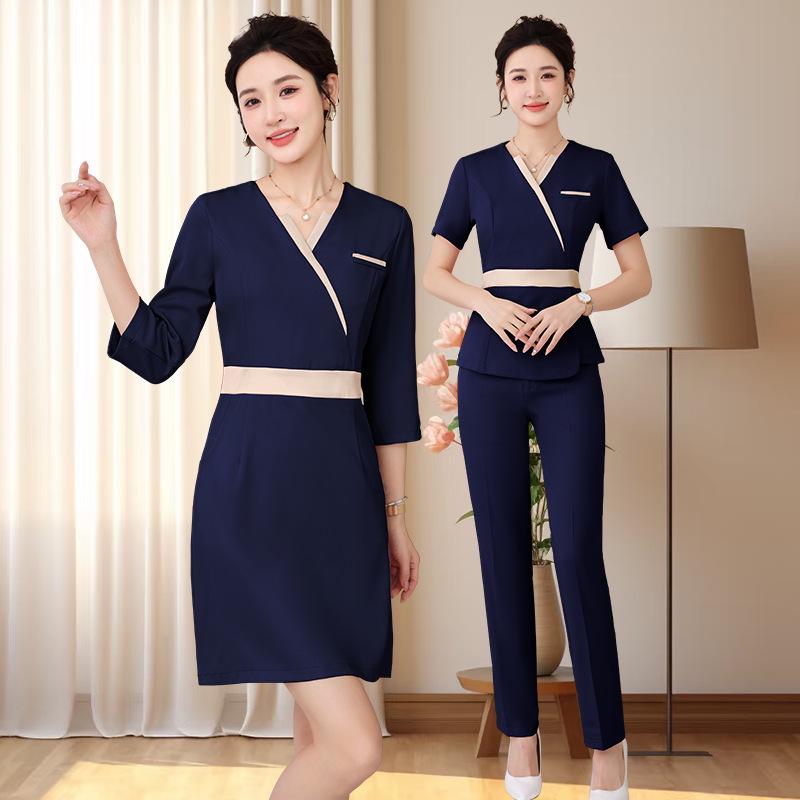 Elegant Women's Spa Uniform Set for Spring & Autumn - Foot Bath, Robe, and Head Therapy Technician Wear