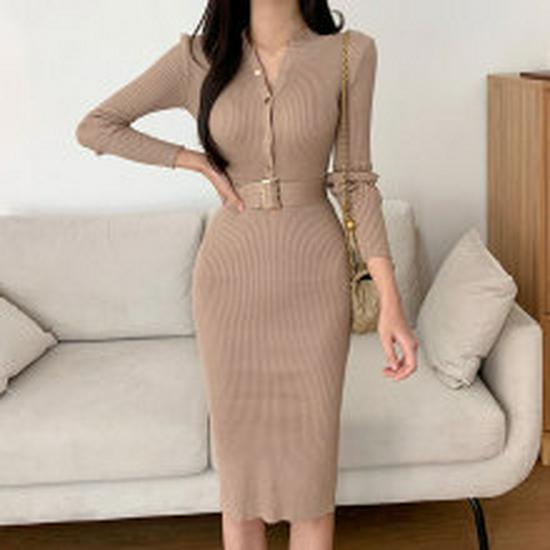 European & American Lapel Long Sleeve Knit Dress - 2025 Single-breasted Waist-cinching Autumn Dress for Women