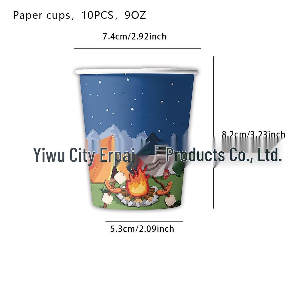Camping-Themed Birthday Party Disposable Tableware Set: Plates, Cups, Napkins, Tablecloth, Cutlery.