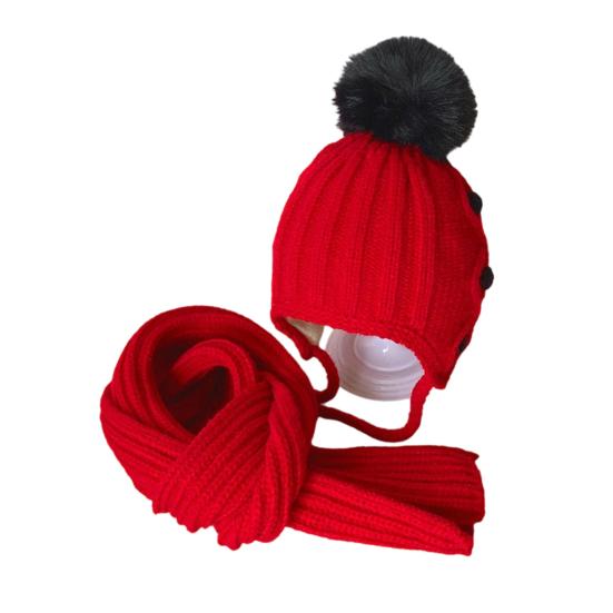 2 Pcs Kids Winter Hat Scarf Set Soft Cable Knitted Pom-Pom Hat Warm Scarf Set for Boys Girls Toddlers