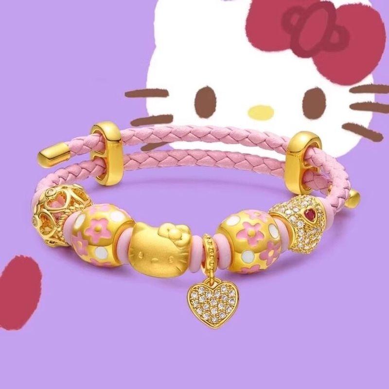 

Chinese Gold Shop Hello Kitty Cat Pendant Gold-Plated Silver European and American Style Lucky Bead Necklace Bracelet Gift for Girlfriend Hello Kitty [Pink Leather Rope] [about 0.3 Grams]