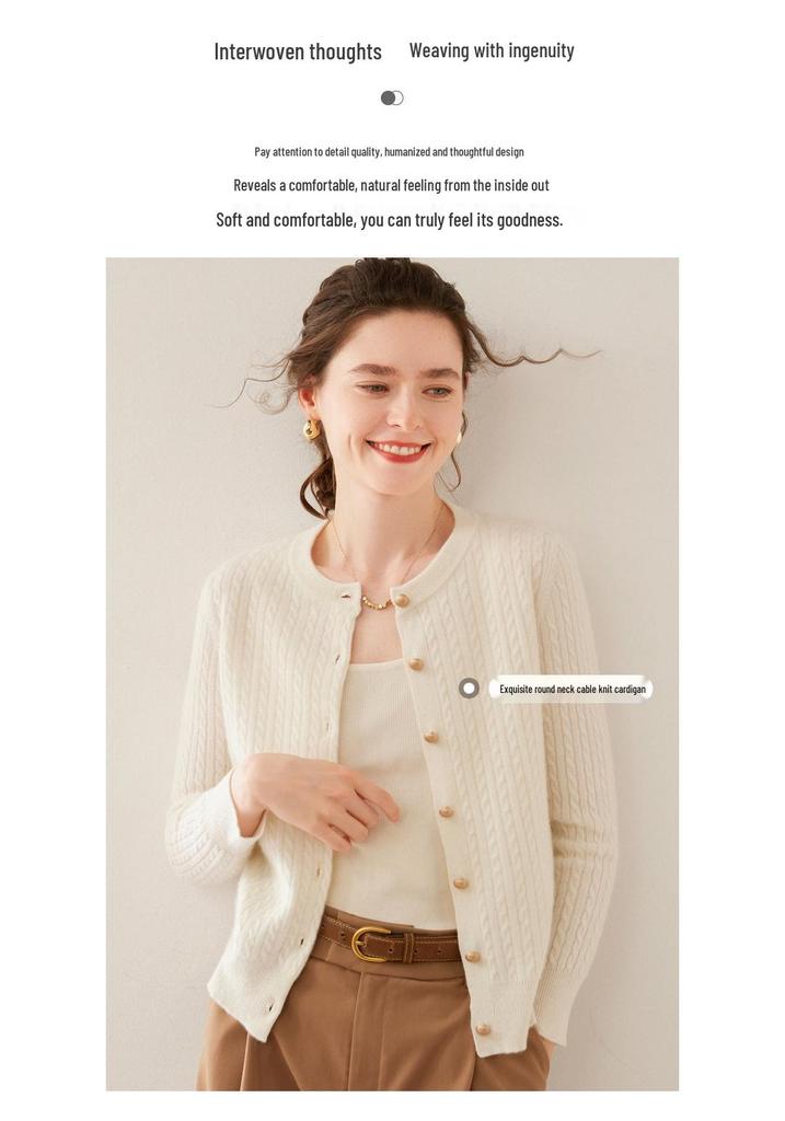 Women's Cashmere Long Sleeve Round Neck Cardigan Sweater - Autumn/Winter Cable Knit Wool Outerwear