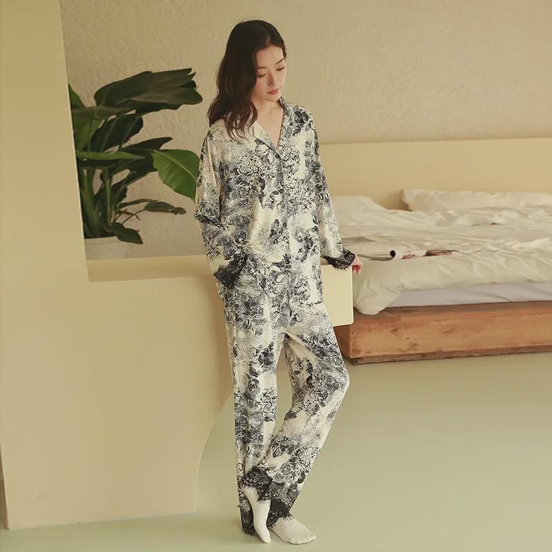 Damen Pyjama aus reiner Baumwolle: Frühlings-/Herbst-Langarm-Cardigan mit Spitze, Große Größen, Stil 2025, Geeignet für drinnen/draußen