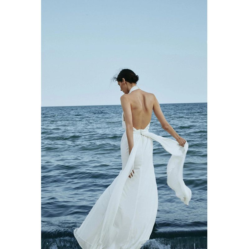 

Модное нарядное элегантное платье-халтер с открытой спиной 2025 новый стиль белое длинное платье для морского отдыха пляжное платье White XS