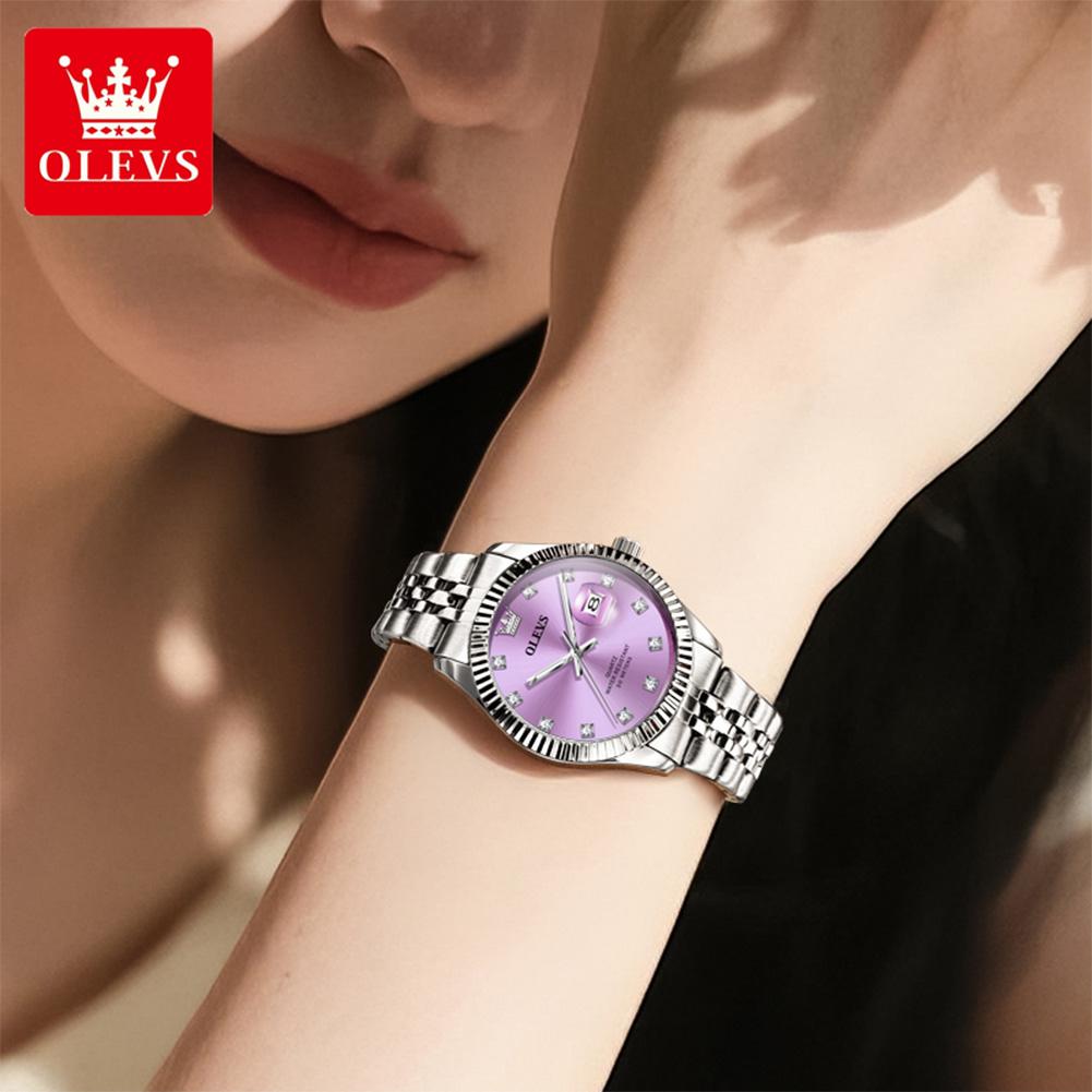 OLEVS 3705 Elegance Women Brand Quartz Movement Watch Sparkling Zirconia Calendar Window Stainless Steel Strap Luminous Watch