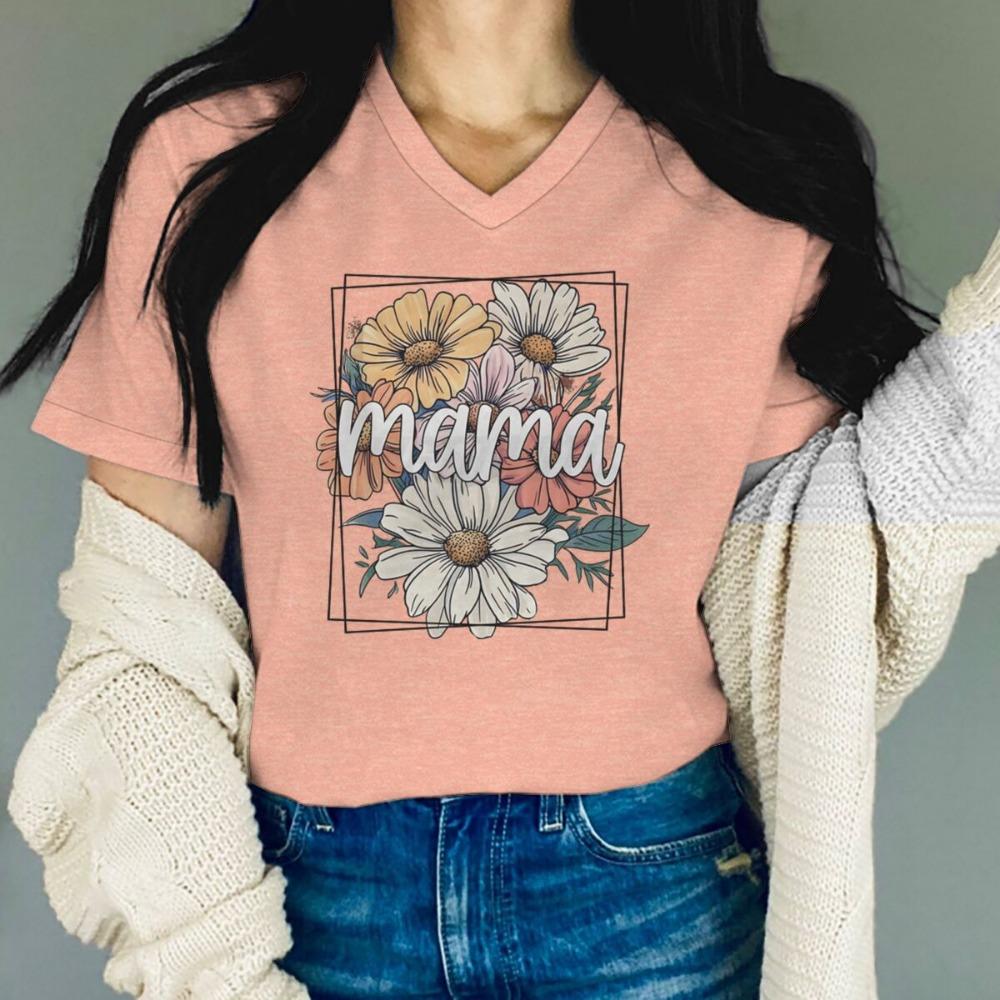 Flower Mama Boho Vintage T-shirt Happy Mother's Day Gift Classic Tops Mama V-neck T Shirts Casual Short Sleeve Tee