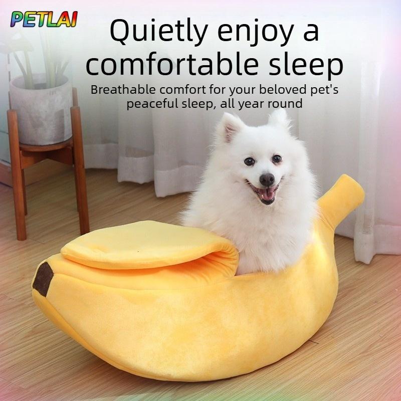 Banana Cat Bed Super Soft House Lovely Banana Boat Semi-Closed Warm Pet Bed Cat Accessories Dog Bed Banana Cushions with a Lid