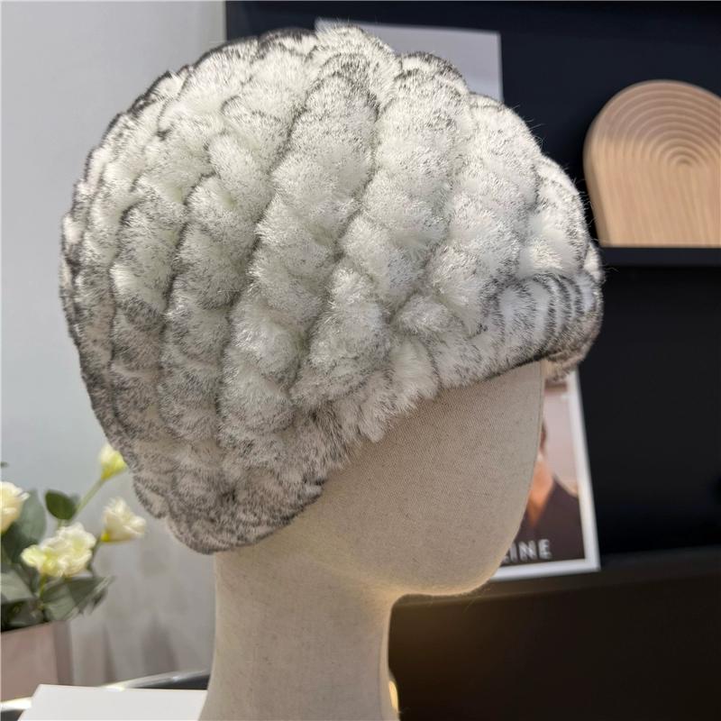 Căciulă din Blană de Iepure Rex Reală, Tricotată din Lână Caldă și Rezistentă la Frig, Versatilă pentru Toamnă și Iarnă pentru Femei
