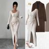 Women Solid Color Asymmetric Neck Long Sleeve Ruched Side Slit Maxi Dress Casual Slim Fit Dress
