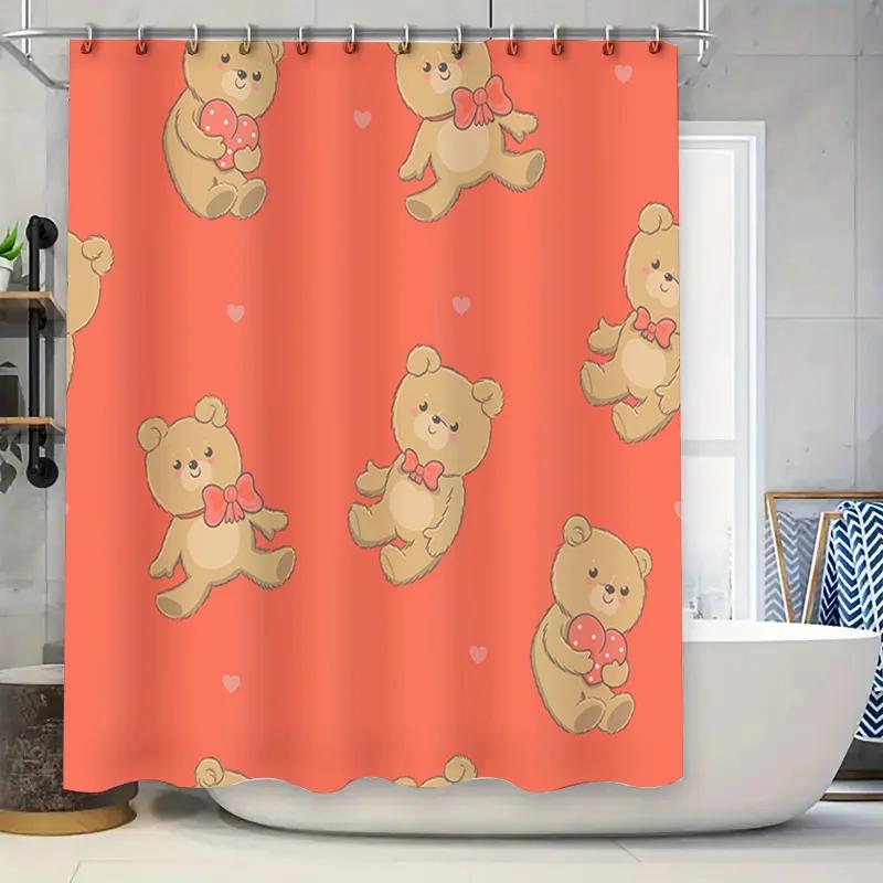 Whimsical Red Bath Shower Curtain with Adorable Teddy Bears Holding Hearts Decorate Your Bathroom with a Touch of Sweetness