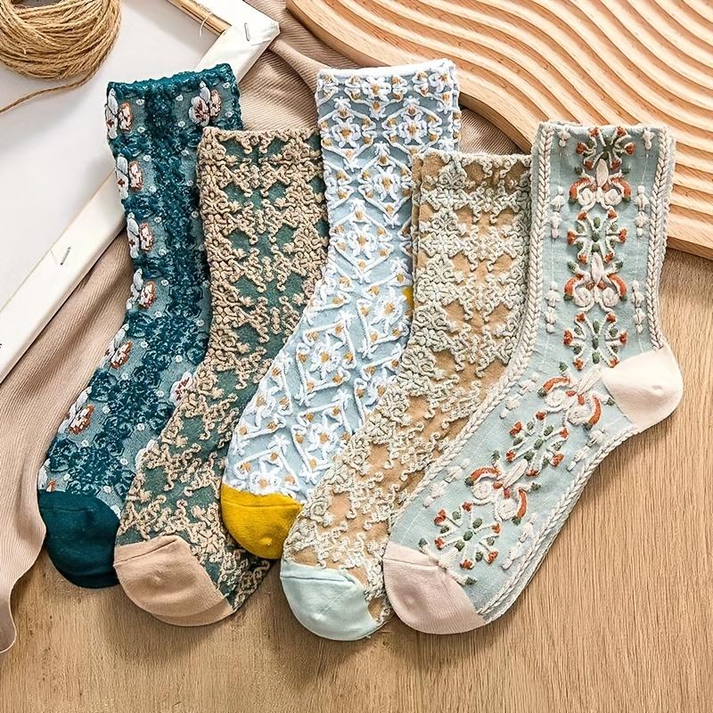5 Pairs Women's Elegant Court Pattern Short Socks - Thick Warm Soft Comfortable Mid-Calf Socks