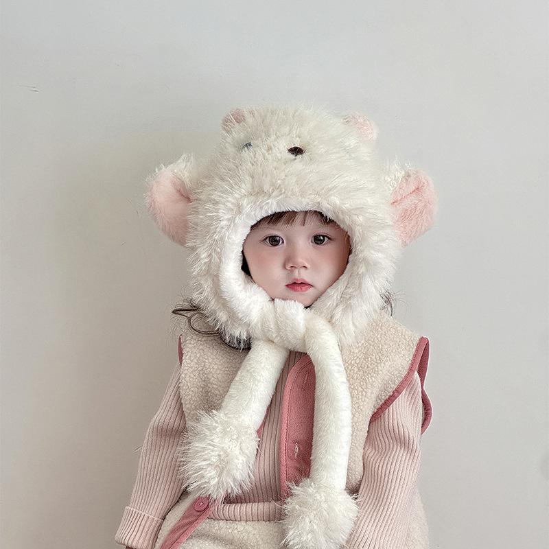 Korejský styl Zimní šála a čepice Jednodílná sada dvou kusů Roztomilé jehněčí békání Dětská teplá Ochrana uší Vlněná čepice