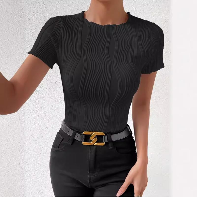 Spring and Summer New Round Neck Short Sleeve Solid Color Slim Fit Short Sleeve Irregular Vertical Stripes Ladies T-shirt