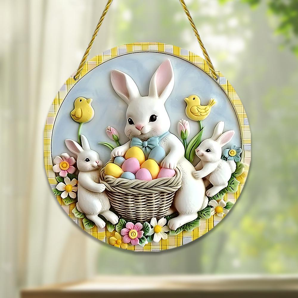 Disc Ornament Decorative Rabbit Decoration Bunny Pendant Round Window Decoration For Holiday Family Easter