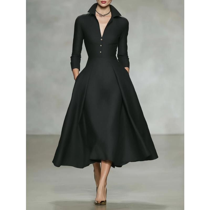 Damen Mode Elegant Taille Enger Umlegekragen Langarm Midi Freizeitkleid