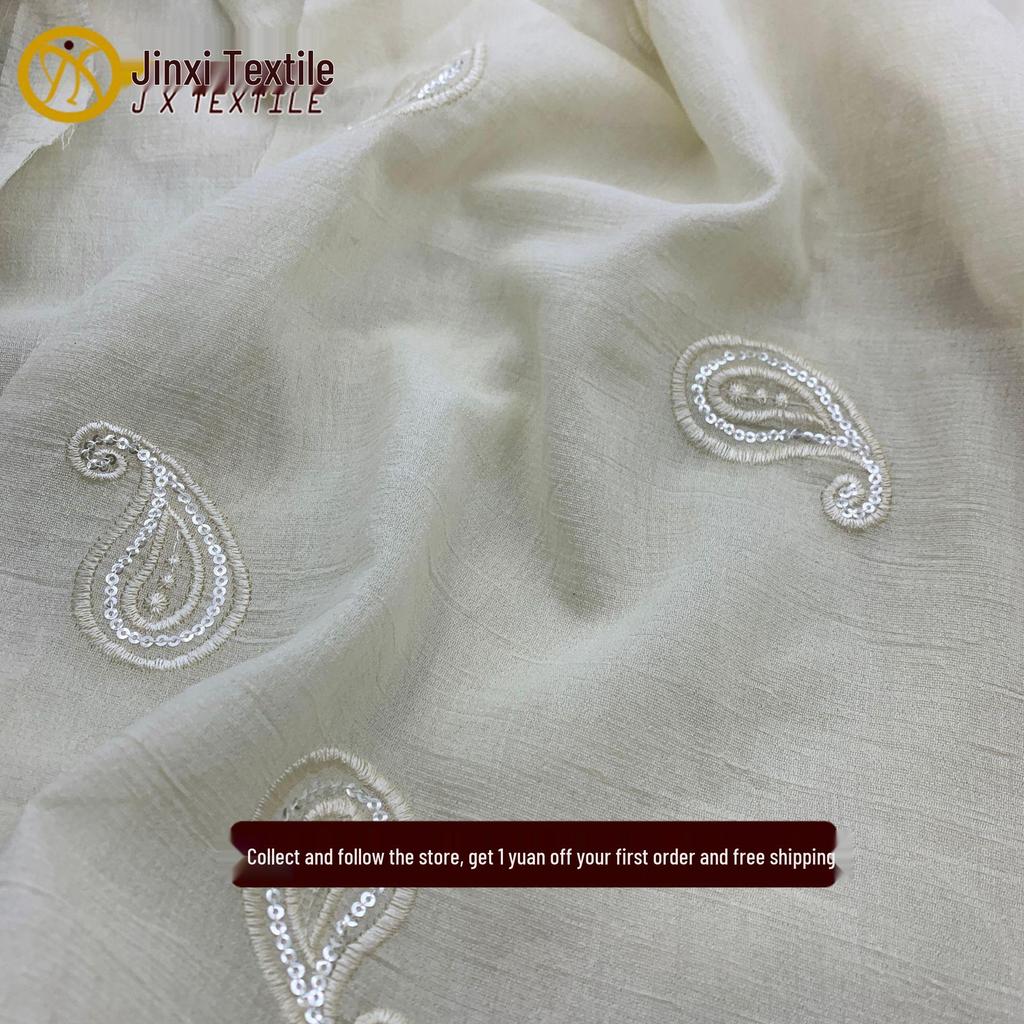 3D Cashew Flower Sequin Tencel Embroidered Fabric for Spring/Summer Dresses and Children's Hanfu.
