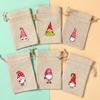 6Pcs Santa Claus Elk Bells Small Bear Drawstring Natural Burlap Bag Jute Gift Bag 10x15cm Cotton Linen Christmas Print Gift Bag