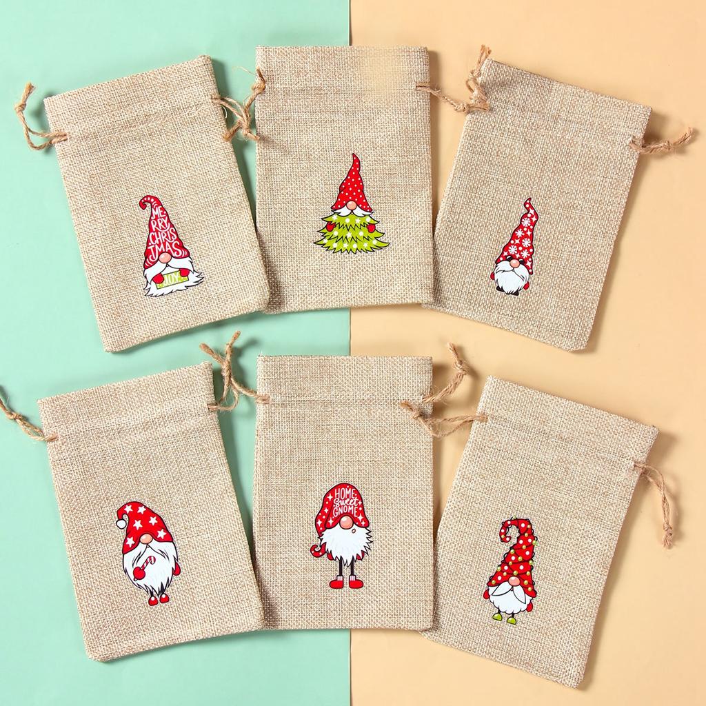 6Pcs Santa Claus Elk Bells Small Bear Drawstring Natural Burlap Bag Jute Gift Bag 10x15cm Cotton Linen Christmas Print Gift Bag