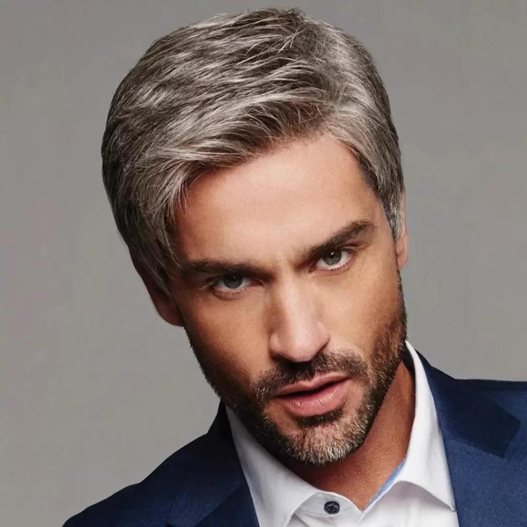 Men's Short Wig, Silver Gray Synthetic Hairpiece for Daily & Formal Wear