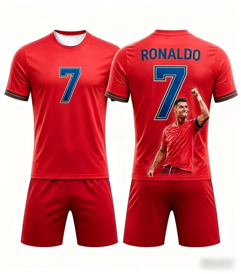 Hot Selling Fashion Summer New # Ronaldo #7 Football Jersey Sports Breathable Short Sleeved T-shirt+shorts Set Family Kids Tees