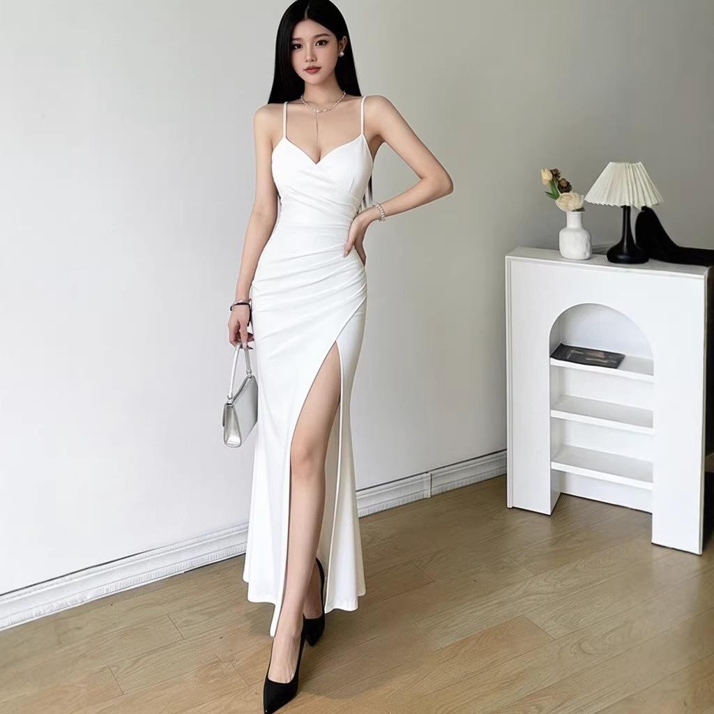 Black Suspender Evening Dress Women's V-neck Pleated High Split Fork Slim and Thin Banquet Host Temperament Long Dress Skirt