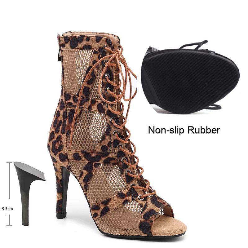 Women's Leopard Print Latin Dance Shoes Women's Jazz Tango Pole Dance Lace-up Sexy Mesh Dance Boots New Soft Sole Shoes