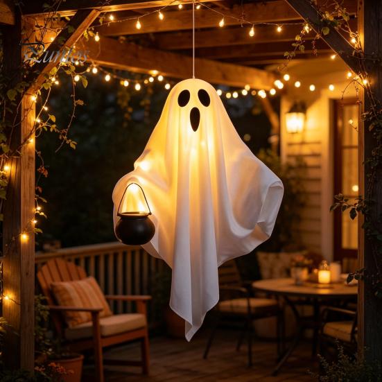 Halloween Tree Hanging Accessories Ghost with LED Lights, Spooky White Gauze Glowing Ornament, Unique Gift Ideas Flexible Figures for Outdoor