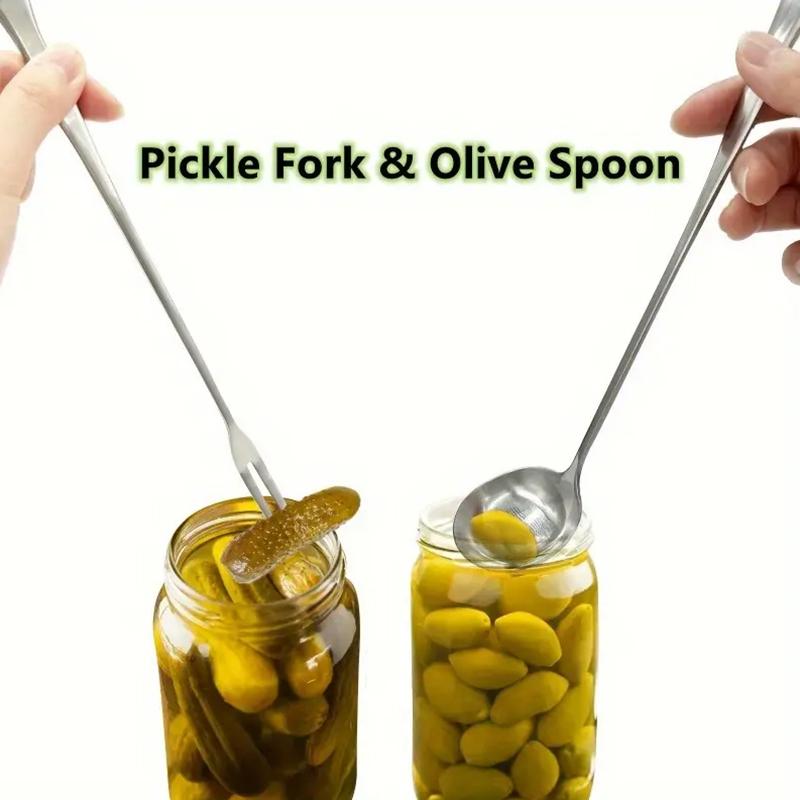2Pcs Stainless Steel Pickle Forks Spoon Long Handle Jar Pickle Grabber, Canning Fork Fork Spoon Stainless Steel Fruit Fork