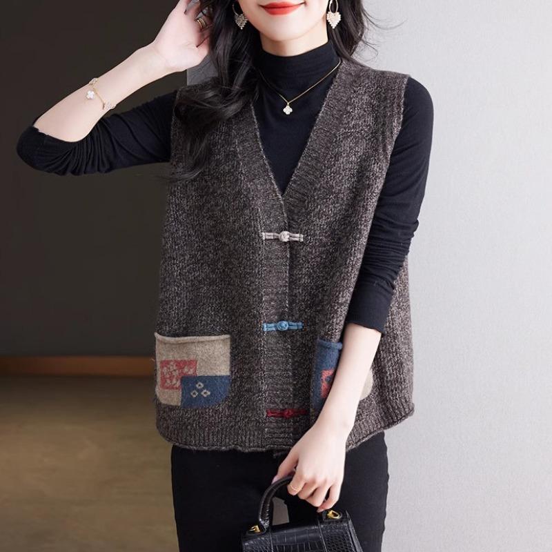 New Spring Autumn Outfits Women's National New Chinese Style Loose Slim Middle-aged Elderly Knitted Cardigan Waistcoat