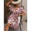 2026 Summer New Women's Fashion Printed Dress with Spotted Ruffles and Tie-Waist Design