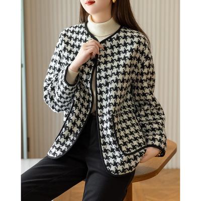 Tweed Autumn New Round Neck Loose Houndstooth Vintage Jacket for Women Short