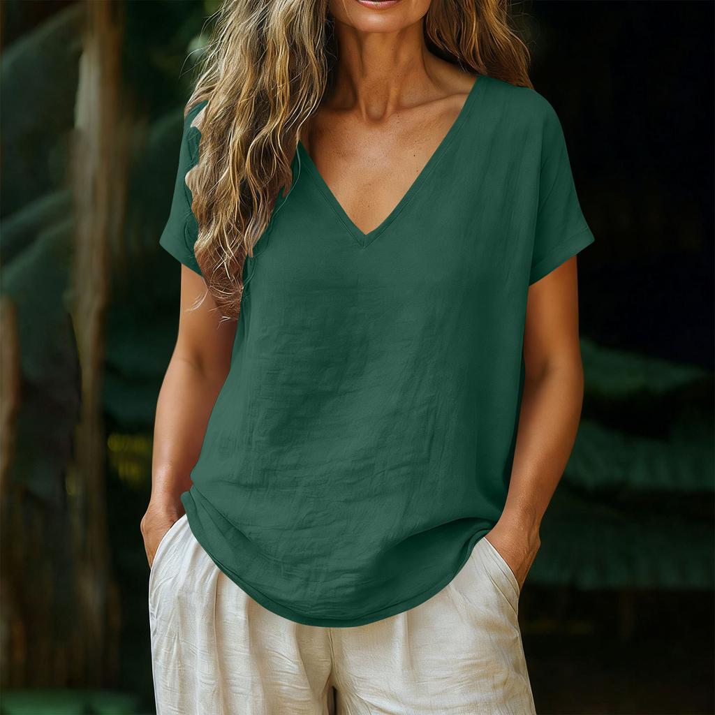 Women's Relaxed-Fit Fashion Cotton-Linen Blend Short-Sleeve V-Neck Pullover Top