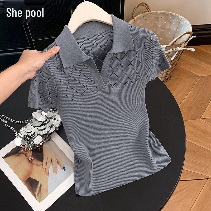 Women s Solid Hollow Knit Slim Fit Ice Silk T-Shirt M